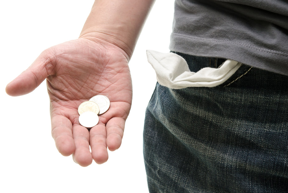 empty pocket, coins in hand