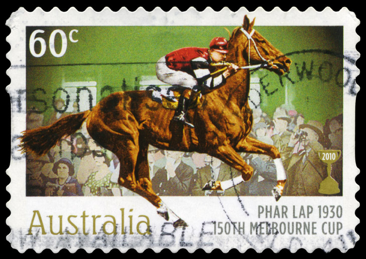 AUSTRALIA - CIRCA 2010: A Stamp printed in AUSTRALIA shows the Phar Lap, 1930 Winner, 150th Melbourne Cup issue, circa 2010