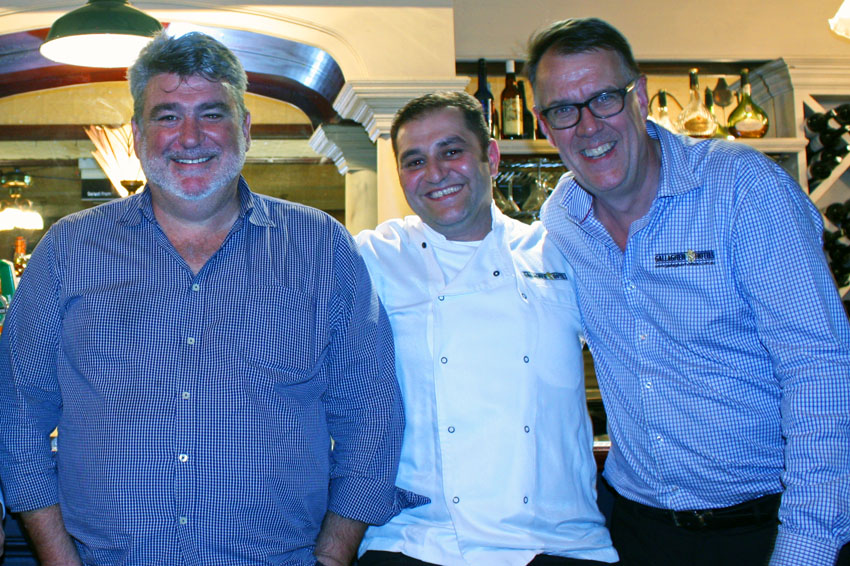 L-R: Patrick Gallagher, group chef Ronnie Ghantous and licensee Paul Diroux
